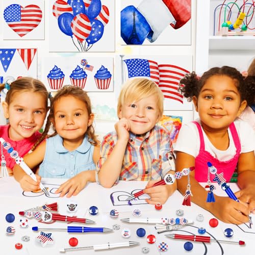 Vellibring 12 Set Independence Day Beadable Pens, 4th of July Patriotic Bead Pens with Assorted Wooden Beads Pendants for DIY Present Students Teens School Office Supplies