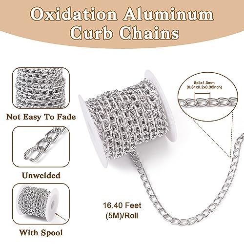 Craftdady 16.4 ft Aluminum Chain 8x5mm Twisted Silver Chain Unwelded Curb Chain Link Necklace Chain for DIY Crafts Bracelet Jewelry Making Pants Chain - color: Silver, 8x5mm