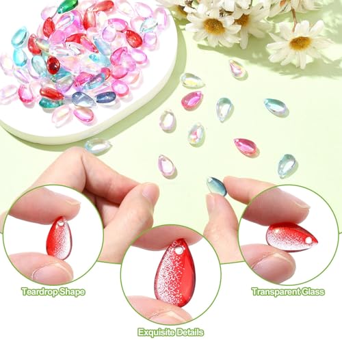 Ipotkitt 200 Pcs Random Color Transparent Glass Teardrop Charms Crystal Water Drop Bead Charms Top Drilled Beads for DIY Earring Necklace Bracelets - color: 200pcs-Drop Charms-Mixed Color
