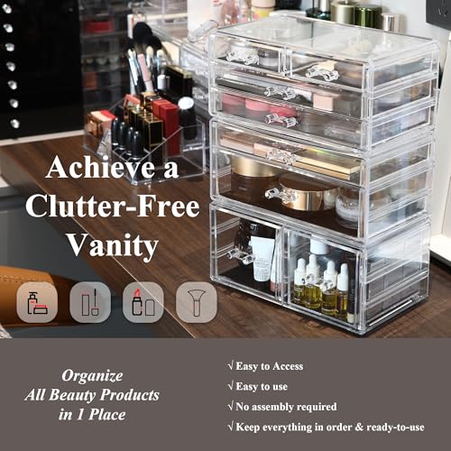 Sea Team 3-Layer Stackable Clear Makeup Organizer with Drawers, Acrylic Plastic Cosmetic Display Case, Jewelry Storage Box, Holder for Dresser, Bathroom, Vanity, Countertop (8 Drawers) - size: 3-Layer, 8 Drawers