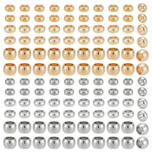 PH PandaHall 300 Pcs 3 Sizes 2 Colors 304 Stainless Steel Tube Crimp Beads Cord End Caps Diameter 1.5mm 2mm 2.5mm for Jewelry Making Golden Stainless Steel Color