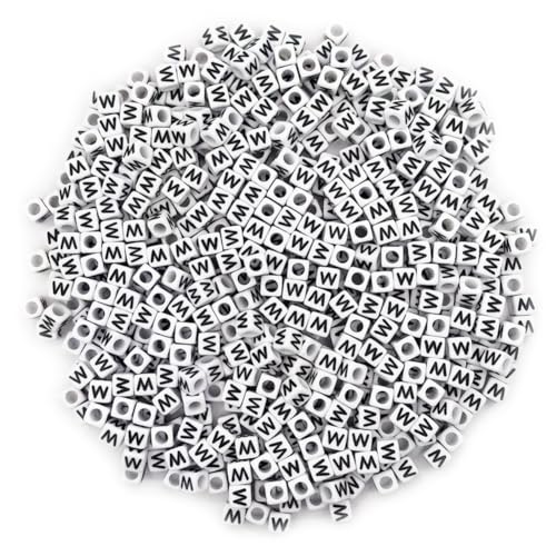 600PCS 6x6mm Square Acrylic Letter Beads W for Friendship Bracelets Jewelry Making, White Acrylic Cube Base with Black Alphabet Beads for DIY Crafts Bracelets Necklaces Key Chains Phone Lanyard - color: Letter W(Black on White)