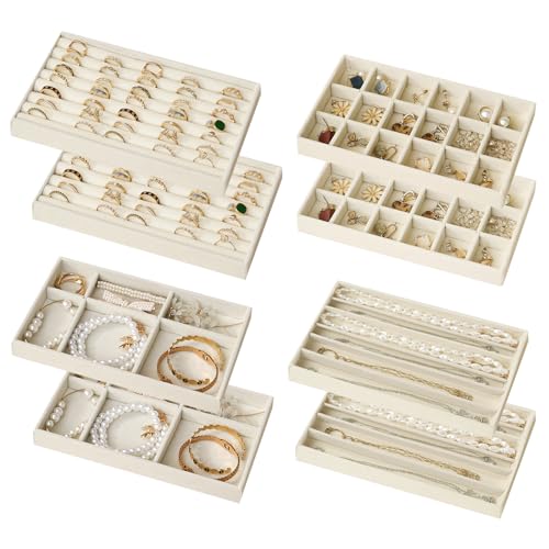 SPAKOWN Stackable Jewelry Organizer Trays for Drawer Set of 8 Adjustable Velvet Jewelry Tray Earring Organizer Necklace Ring Bracelet Display Case for Women Girl (Beige) - color: Beige