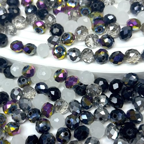 390pcs Glass Beads for Bracelets Making, 8mm Black Series Faceted Crystal Loose Bulk Beads for Earring Necklace Jewelry Crafts DIY Suncatchers - color: Black