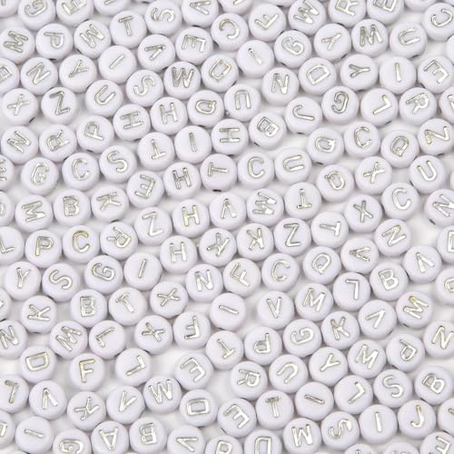 1000pcs 4x7mm Round Letter Beads White Acrylic with Silver Letter Alphabet for Jewelry Making Friendship Bracelets (Silver White) - color: Silver White