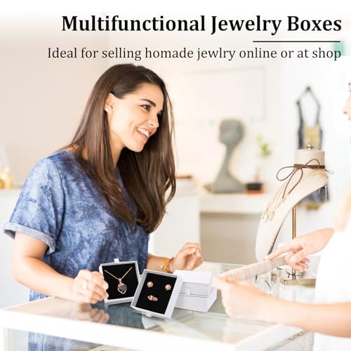 WRINGKIT 24 Pack White Cardboard Jewelry Gift Boxes Bulk, Square Jewelry Gift Boxes 3.5x3.5x1.2 Inch, Jewelries Packing Box with Lids Foam Cushion for Necklace Earring Bracelet Ring Display Storage
