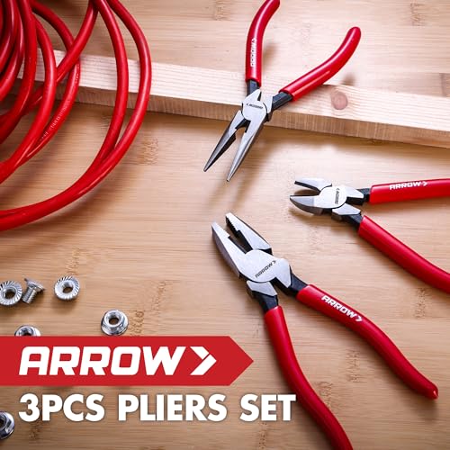 ARROW 3PCS Pliers Set, 6" Needle Nose Pliers, 6" Diagonal Plier, 7" Linesman with Non-slip Handle, Premium Carbon Steel, High Leverage Design - style: 6" Needle Nose/6" Diagonal/7" Linesman