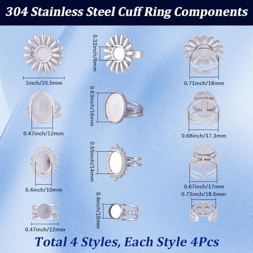 SUNNYCLUE 1 Box 16Pcs Cabochon Ring Blanks Stainless Steel Bezel Ring Blank Silver Antique Sun Flower Adjustable Finger Base Tray Findings Components for Jewelry Making DIY Gifts Accessories Supplies - style: Ring 5