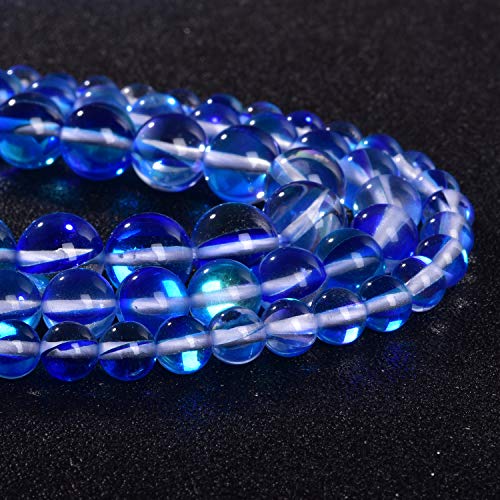 60PCS 6mm Blue Angel Aura Beads Round Gemstone Polished Mermaid Aura Moonstone Smooth Stone Loose Beads Crystal Quartz for DIY Jewelry Making 1 Strand 15' - color: Blue, size: 6mm
