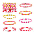Ornaland 7Pcs Handmade Polymer Clay Heishi Surfer Stretch Bracelets Set Colorful Glass Beads Bracelets Boho Stackable Preppy Bracelets Wrist Jewelry for Women - color: rose Red