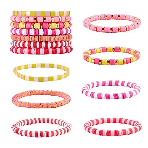 Ornaland 7Pcs Handmade Polymer Clay Heishi Surfer Stretch Bracelets Set Colorful Glass Beads Bracelets Boho Stackable Preppy Bracelets Wrist Jewelry for Women - color: rose Red