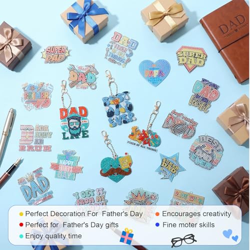 Huquary 24 Sets Father's Day Diamond Art Painting Keychains Kits 5D Dad Diamond Art Keyrings Charm Pendants for Adults Dad DIY Craft Gifts for Father's Day Daddy Birthday Party Favors Bags Decor - style: Dad
