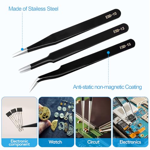 YHYZ High Precision Tweezers Set (3PCS), Anti-Static Stainless Steel Precise Tweezers (Fine, Curved, Flat), Perfect for Craft, Electronic, Soldering, Model, Hobby, Jewelry Making, Laboratory - style: 3pcs, Version 2