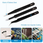 YHYZ High Precision Tweezers Set (3PCS), Anti-Static Stainless Steel Precise Tweezers (Fine, Curved, Flat), Perfect for Craft, Electronic, Soldering, Model, Hobby, Jewelry Making, Laboratory - style: 3pcs, Version 2