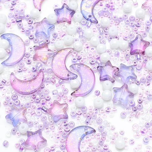 Mixed Star Moon Crystal Glass Beads Seedbeads Loose Round Pearl Beads for Jewelry Making Craft Bracelets Necklaces Earrings DIY Crafts Projects Purple Glass Spacer Bead Kits for Crafts - color: Purple