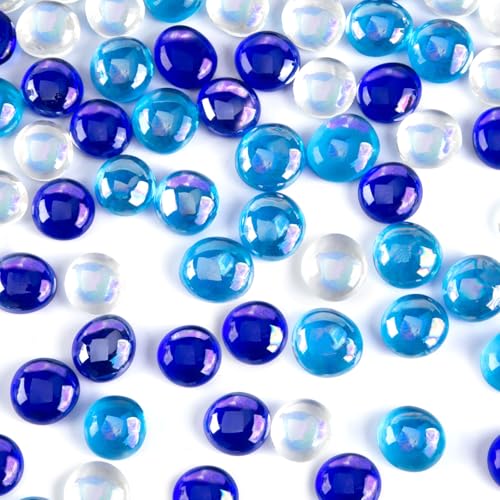 FUTUREPLUSX 1LB Iridescent Flat Glass Marbles, Vase Fillers Blue Mixed Glass Beads Rocks for Fish Tank Aquarium Decor DIY Craft - color: Iridescent Blue