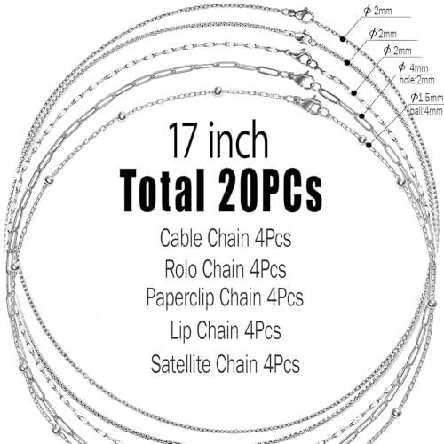 stino 20 Pack (5 Styles) No Tarnish Stainless Steel Chains for Jewelry Making, Mixed Styles, Bulk Necklace Chains, Satellite, Paper Clip, Lip, Rolo, Cable (Silver (17 inch)) - color: Silver (17 inch)