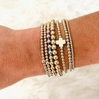 14K Gold Beaded Cross Beaded Bracelet Stack Set for Women,7PCS Bohemian Colorful Beads Ball Stretch Stackable Bracelets Trendy Holiday Birthday Gift - color: Beige