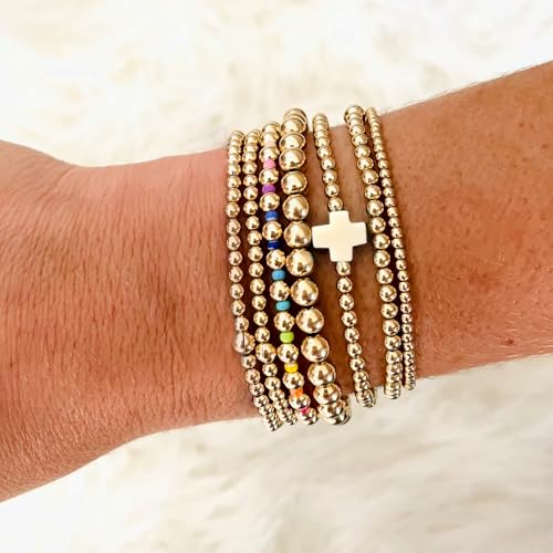 14K Gold Beaded Cross Beaded Bracelet Stack Set for Women,7PCS Bohemian Colorful Beads Ball Stretch Stackable Bracelets Trendy Holiday Birthday Gift - color: Beige