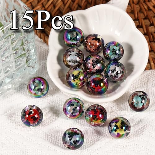 15Pcs Acrylic Beads Round 16mm UV Bead in Bead with Butterfly Print Fit for DIY Jewelry Bracelet Necklace Keychain Beadable Pens Mobile Phone Chain Making Cute (Butterfly-Black) - color: Butterfly-Black