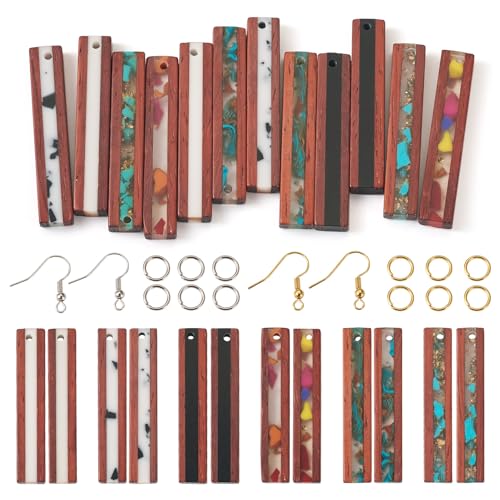 FASHEWELRY 12Pcs Wood Resin Earrings Charms Rectangle Wooden Earring Blanks Earring Findings for Earrings Jewelry Making with Earring Hooks & Jump Rings - color: Rectangle-Mixed Color