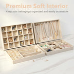 Jewelry Drawer Organizer Tray Set of 4 Stackable Velvet Jewelry Trays Drawer Inserts Organizer Case Set for Women Jewlery Storage Display Tray for Earrings, Rings, Necklaces, Bracelets, Watch (Beige)