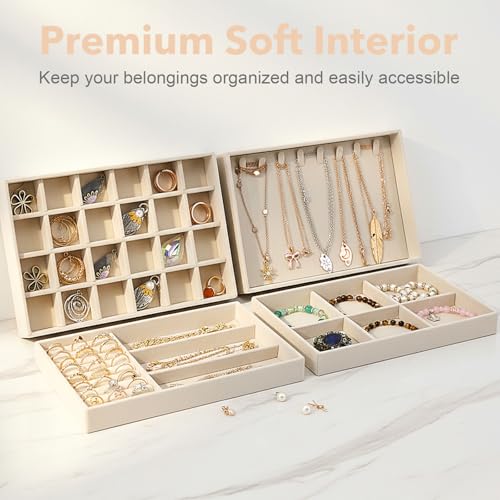 Jewelry Drawer Organizer Tray Set of 4 Stackable Velvet Jewelry Trays Drawer Inserts Organizer Case Set for Women Jewlery Storage Display Tray for Earrings, Rings, Necklaces, Bracelets, Watch (Beige)