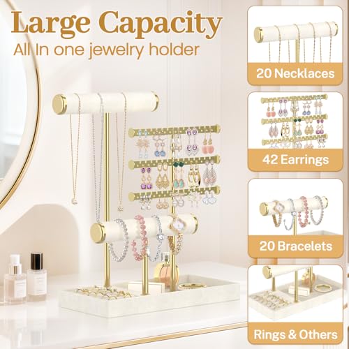 MODOWEY Necklace Holder Earring Stand Organizer, Wooden Velvet Bracelet Tree Rack with Ring Tray for Vendor Women Display Selling, Countertop T Bar Jewelry Tower Keep Everything Visible & Within Reach - color: Beige
