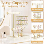 MODOWEY Necklace Holder Earring Stand Organizer, Wooden Velvet Bracelet Tree Rack with Ring Tray for Vendor Women Display Selling, Countertop T Bar Jewelry Tower Keep Everything Visible & Within Reach - color: Beige