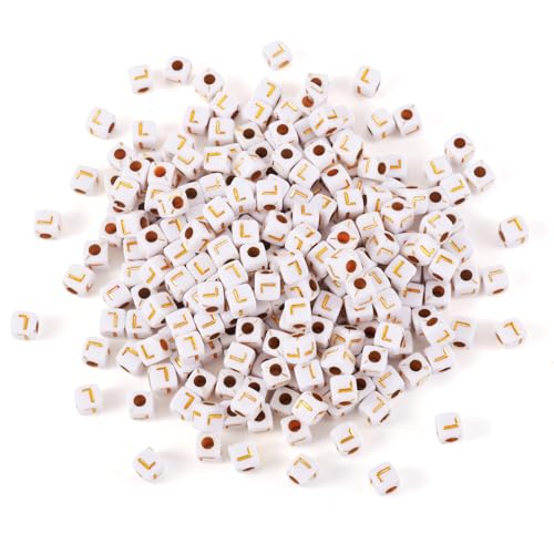 FASHEWELRY 500Pcs White Golden Letter Beads 4.5mm Square Alphabet Beads Acrylic Cube Letter L Beads for Friendship Bracelet Necklace Keychains Jewelry Making - color: Letter L
