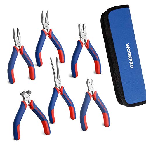 WORKPRO 6-piece Mini Pliers Set - Needle Nose, Diagonal, Long Nose, Bent Nose, End Cutting and Linesman, for Making Crafts, Repairing Electronic Devices, with Pouch - color: Blue