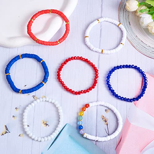 Ornaland 7Pcs Handmade Polymer Clay Heishi Surfer Stretch Bracelets Set Colorful Glass Beads Bracelets Boho Stackable Preppy Bracelets Wrist Jewelry for Women - color: blue 1