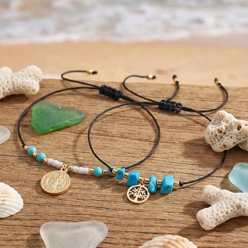 Christian Cross Jesus Pendant Charm Gold Rope String Beaded Bracelets Stack Set for Women,Handmade Bohemian Colorful Adjustable Jewelry,God Lucky Protection Friendship Gift - color: Turquoise