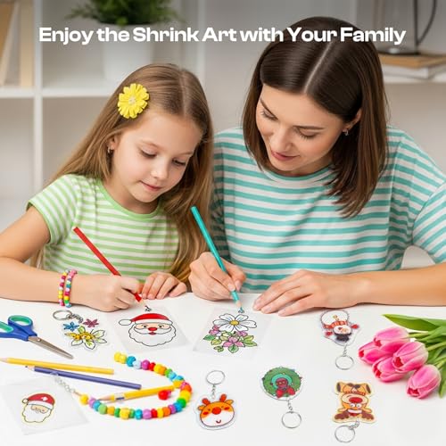 Auihiay 125PCS Shrink Dink Sheets Keychains Kit, 12PCS Shrinky Papers with Keychains and Open Jump Rings for DIY Shrinky Art Keychain Making, Halloween & Christmas Craft Decor - size: 125PCS