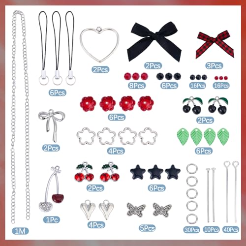 SUNNYCLUE 1 Box DIY 6 Sets Cell Phone Charm Kit Black Cherry Charms Gothic Checkered Bowknot Flowers Red Cherry Fruit Charm Accessories for Jewelry Making Kits Women Starters Cellphones Case Decors