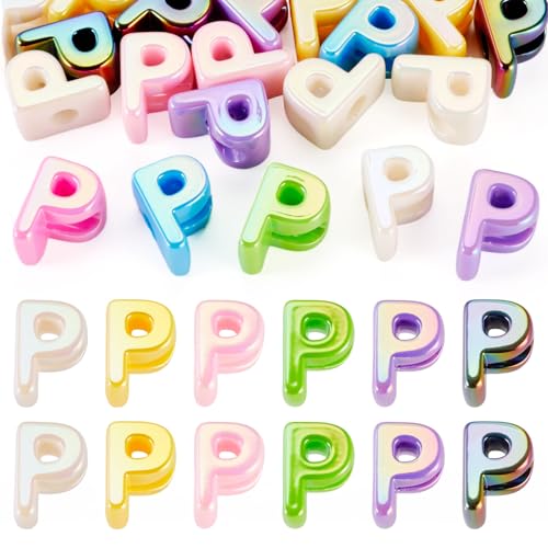 Beadthoven 20pcs Big Letter P Beads Large Hole Bubble Alphabet Acrylic Beads Charm Iridescent Plastic P Shape Loose Chunky Spacers for Jewelry Making Bracelet Necklace Keychains Shoelaces Crafts - color: P