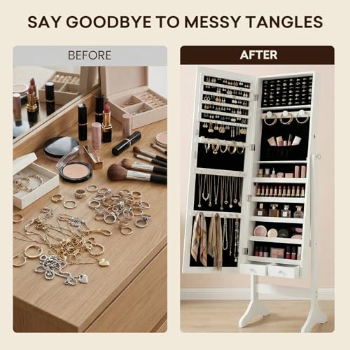 Antok Full Length Jewelry Cabinet with Mirror & Large Storage - 61" Standing Lockable Armoire Organizer, Floor to Ceiling Model for Bedroom or Dressing Room, White