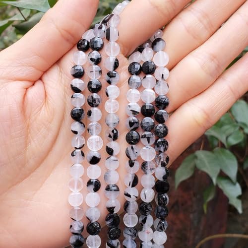 Adabele 15 Inch Natural Black Rutilated Quartz Gemstone 6mm Faceted Flat Round Coin Loose Beads Gem Stone Spacer (59-64pcs) for Jewelry Making GZ13-5 - color: Black Rutilated Quartz, size: 15 Inch/1 Strand