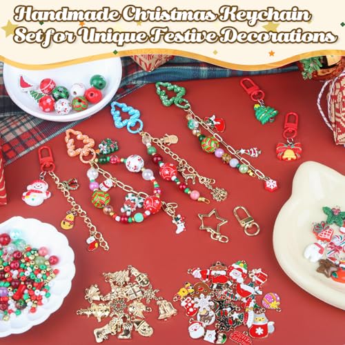 Ecoofor 251 Pcs Christmas Keychain Making Kit for Adults — Includes 20 Keychain Clips, 25 Extender Chains, 81 Charms, Beading Accessories, Jewelry Pliers — DIY Bag Charms & Jewelry Craft Kit - color: Christmas Joy Set