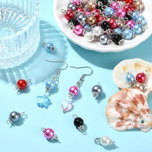 Ipotkitt 100 Pcs Colorful Pearlized Glass Pearl Charms Two Hole Round Links Charms End Drop Bead Connectors for DIY Jewelry Making - color: 100pcs-Glass Pearl Links-17x8mm