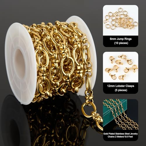UMAOKANG 2 Meters Gold Plated Jewelry Chain for Jewelry Making Stainless Steel Rolo Chain Link with Jewelry Supplies Findings - color: Rolo (Gold)