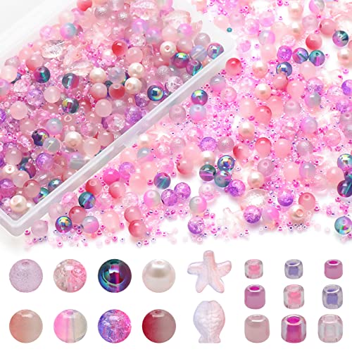 Rired 27 760pcs Mixed Craft Beads Jewelry Making Kit, Pink Glass Beads Bracelet Making Kit, 8MM Round Assorted Cystal Beads with Seed Beads for DIY Working - color: Pink
