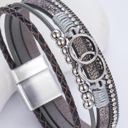 FANCY SHINY Mothers Day Gifts Boho Leather Wrap Bracelet Stackable Infinity Chunky Cuff Bracelets Western Hippie Outfits Jewelry Valentine Gifts for Women - color: Grey