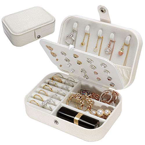 jiemei Jewelry Box, Travel Jewelry Organizer Cases with Doubel Layer for Women’s Necklace Earrings Rings and Travel Accessories(White) - color: White