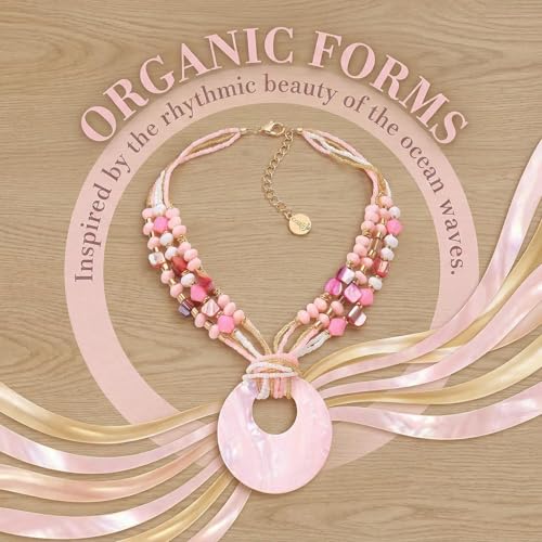 Coiris Shell Pendant Statement Strand Necklace for Women Boho Multi Beads Natural Stone Colorful Necklace Bohemian Handmade Chunky Shell Beaded Collar Jewelry for Women - color: Pink