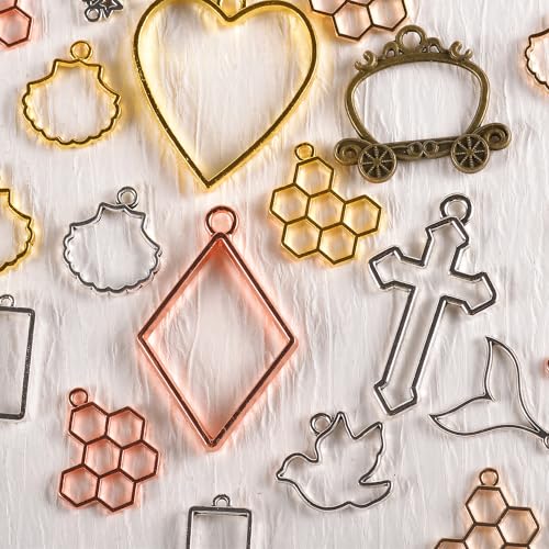 stino Metal Charms for Jewelry Making 100gram, Bulk Tibetan Silver & Gold Plated Trinkets for Earring Necklace Jewelry Making and Findings - color: Bezels Frame Silver & Bronze Glod