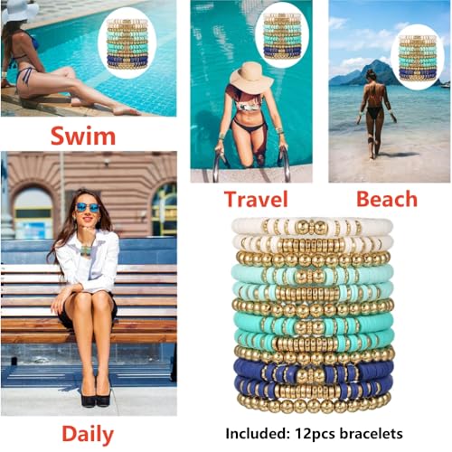 12pcs Friendship Bracelets Beaded Bracelets Heishi Bracelet Cute Bracelets Stack Vinyl Clay Disc Bead Surfer Stretch Summer Beach Bracelets For Women Preppy Bracelets - color: B-color 5