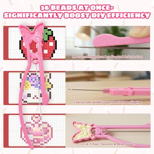 Dovbuqu 5 PCS Bead Tools, Pink Fuse Bead Accessories Set, Precision Bead Tweezers and Shovel for Complex Designs, Efficient 2.6mm Fuse Beads Organization and Placement Tools for Adult Crafters