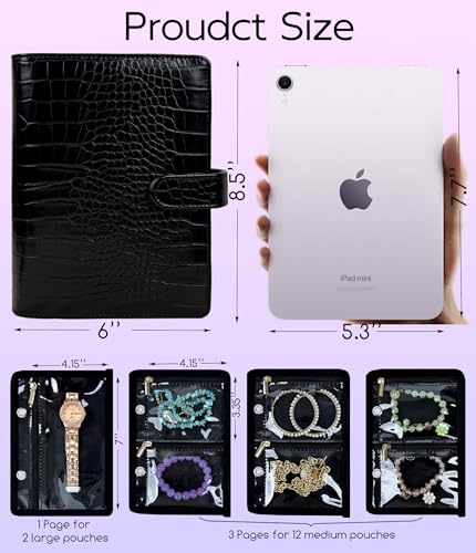 Travel Jewelry Organizer Case,Small Jewelry Bags Jewelry Storage Book Ring Binder with Clear Zipper Velvet Pouch for Traveling - color: Black