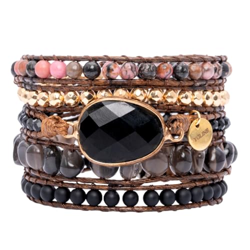YGLINE Women Boho Handmade Natural Stone Crystal Leather Bead Wrap Bracelets Collection - color: Oynx
